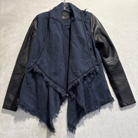 BlankNYC Drape Front Mixed Media Denim Vegan Leather Fringe Jacket Size Medium - Picture 1 of 15